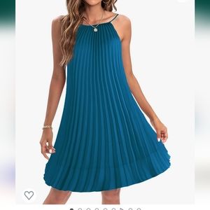 Spaghetti Strap Pleated Casual Swing Midi Dress in Steal Blue size Large…
